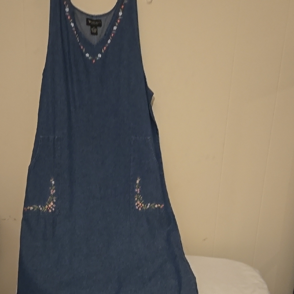 Denim V Neck Jumper Dress Embroidered Pockets 2X